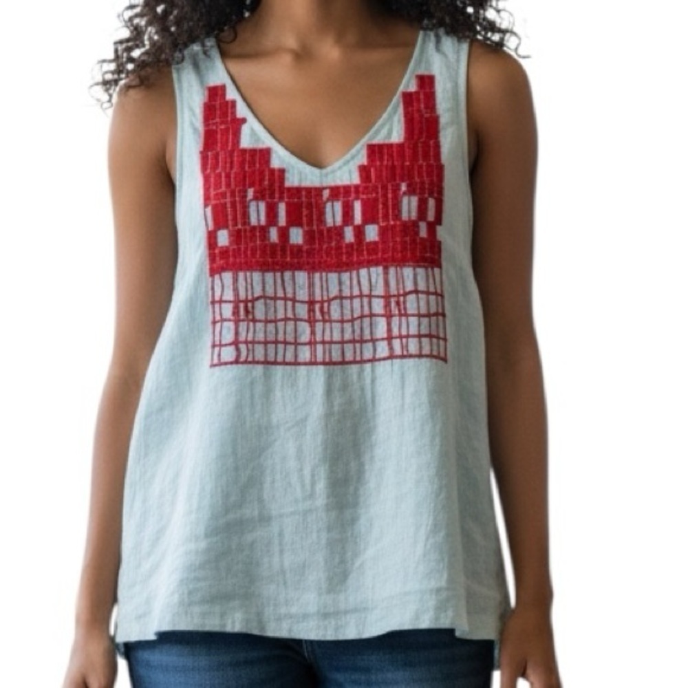 Aventures des Toiles Embroidered Linen Blend Sleeveless Top Size 38 Us Size S